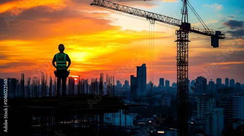 Cityscape at Sunset with Construction