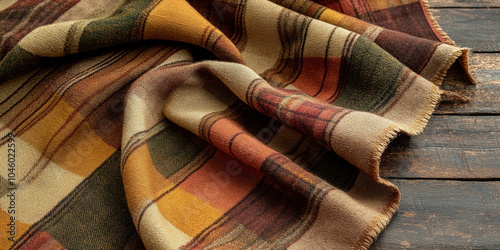 Warm checkered fabric in earthy tones of brown, rust, olive green, and mustard yellow, laid flat on a rustic surface, showcasing its cozy, inviting pattern photo