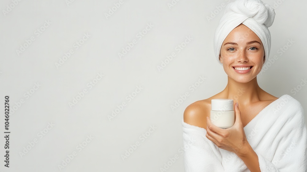 A cheerful woman wrapped in a white towel holds a skincare jar, symbolizing freshness and self-care, against a simple, clean background with an inviting smile. A cheerful woman wrapped in a white towel holds a skincare jar, symbolizing freshness and self-care, against a simple, clean background with an inviting smile.