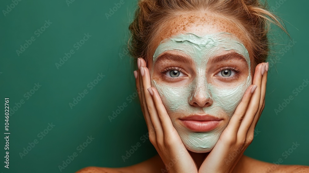 A woman with freckles applies a green face mask, radiating tranquility and enjoyment in her skincare routine, against a refreshing green background that complements the scene. A woman with freckles applies a green face mask, radiating tranquility and enjoyment in her skincare routine, against a refreshing green background that complements the scene.