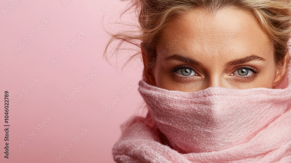 A close-up image of a blonde woman with blue eyes wrapped in a soft pink scarf, capturing warmth and intrigue against a gentle pink background. A close-up image of a blonde woman with blue eyes wrapped in a soft pink scarf, capturing warmth and intrigue against a gentle pink background.
