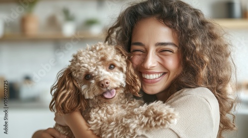 An ecstatic woman with radiant curls holds a puppy dog close, both sharing a moment of intense happiness, with glowing smiles and a feeling of warmth.