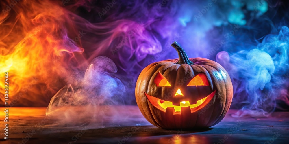 Naklejka premium Spooky Halloween scene featuring a glowing jack o lantern against a colorful and smoky background