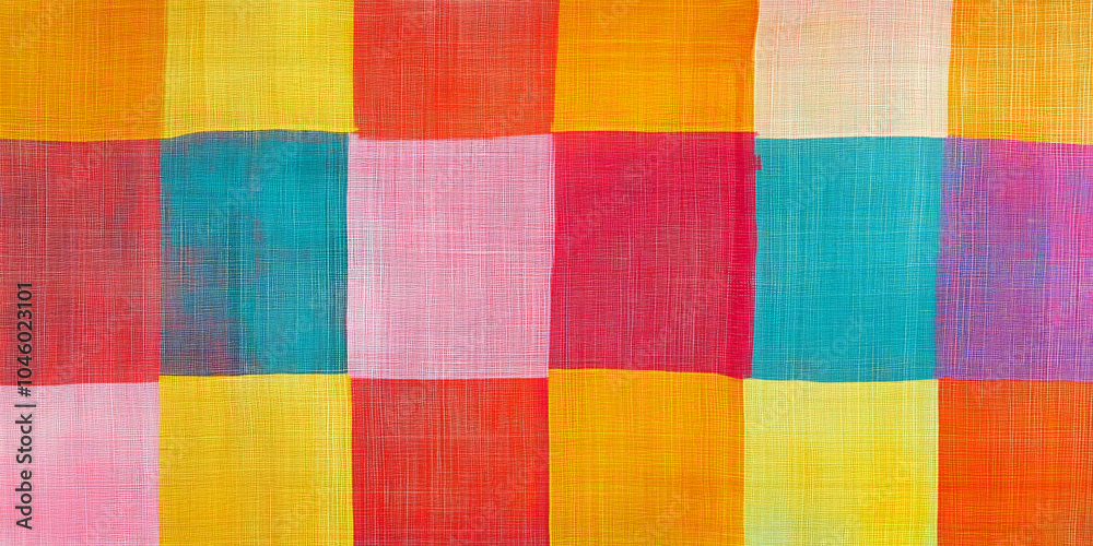 Bright checkered fabric in bold shades of orange, hot pink, turquoise, and lemon yellow, laid flat on a textured surface, emphasizing its energetic pattern Bright checkered fabric in bold shades of orange, hot pink, turquoise, and lemon yellow, laid flat on a textured surface, emphasizing its energetic pattern