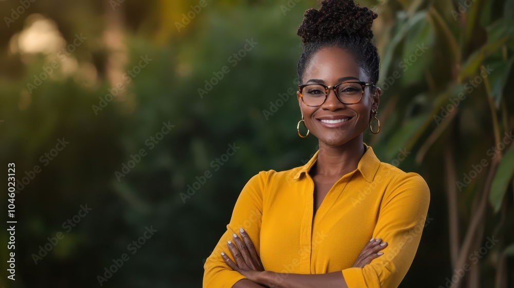 Fototapeta premium A confident woman with glasses and a natural updo poses thoughtfully outdoors, her warm smile and vibrant yellow attire reflecting positive energy and charm.