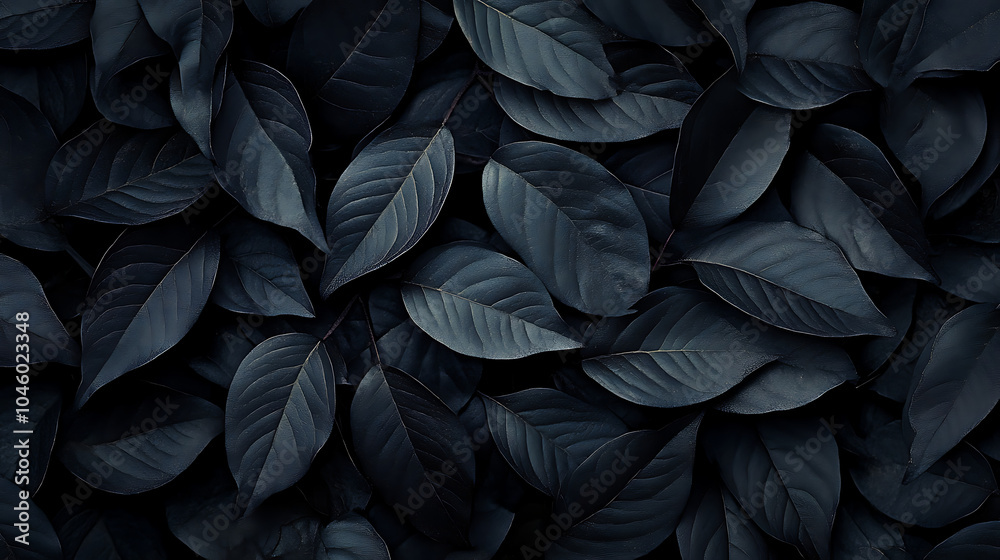 Closeup tropical black leaves texture and dark tone process abstract nature pattern background
