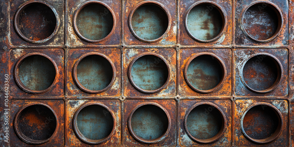 Aged metal grate with a repeating circle and square design, heavily rusted and oxidized, creating a detailed textured view of the weathered industrial surface Aged metal grate with a repeating circle and square design, heavily rusted and oxidized, creating a detailed textured view of the weathered industrial surface