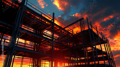 Construction site of large residential commercial building some floors already built Metal structure with evening sky sunset background 