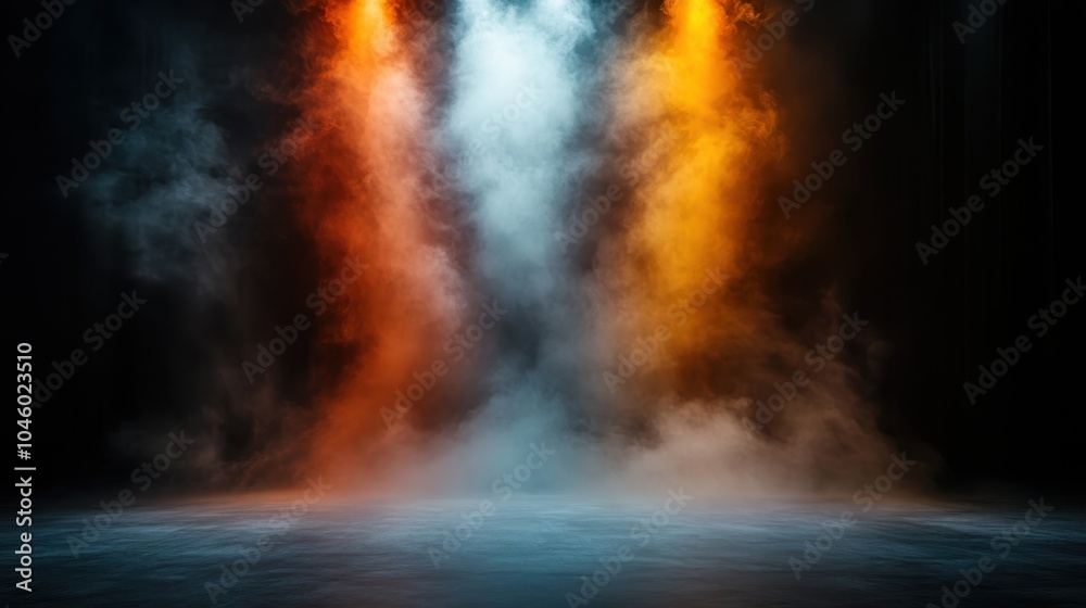 Three beams of orange and blue lights in dense fog on a stage, producing a captivating visual display. Ideal for creative visual designs and abstract representations. Three beams of orange and blue lights in dense fog on a stage, producing a captivating visual display. Ideal for creative visual designs and abstract representations.