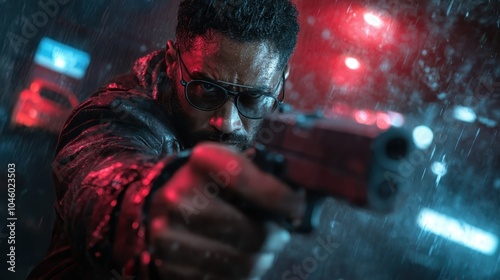 An expressive man in glasses wields a firearm, drenched in rain with red and blue neon lighting, evoking an atmosphere of drama and suspense with a cyberpunk edge. photo