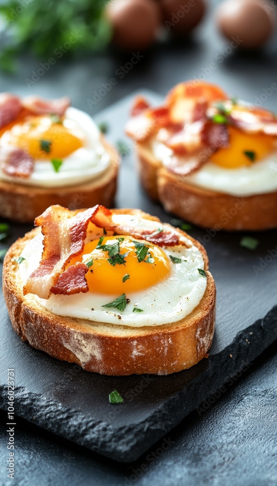Three Slices of Toast with Fried Eggs and Crispy Bacon, Perfect for Breakfast or Brunch. Three Slices of Toast with Fried Eggs and Crispy Bacon, Perfect for Breakfast or Brunch.