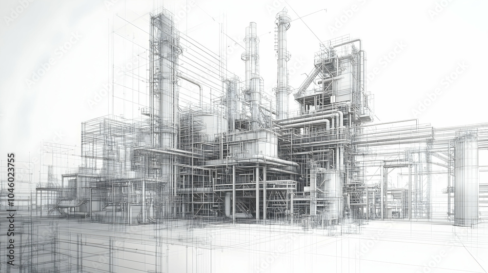 Detailed wireframe of an industrial plant, showcasing precision engineering and Detailed wireframe of an industrial plant, showcasing precision engineering and