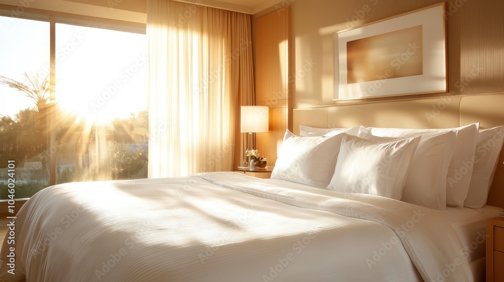 A modern bedroom bathed in warm sunlight, showcasing a large bed with crisp linens and minimalist decor, complemented by floor-to-ceiling windows and framed art. A modern bedroom bathed in warm sunlight, showcasing a large bed with crisp linens and minimalist decor, complemented by floor-to-ceiling windows and framed art.