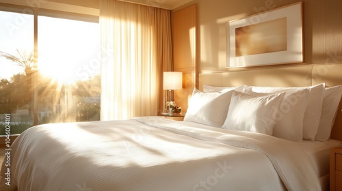 A modern bedroom bathed in warm sunlight, showcasing a large bed with crisp linens and minimalist decor, complemented by floor-to-ceiling windows and framed art.