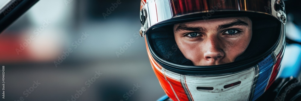 A professional racer wearing a helmet looks determined and focused as he prepares for an upcoming race at a prestigious track. Generative AI A professional racer wearing a helmet looks determined and focused as he prepares for an upcoming race at a prestigious track. Generative AI