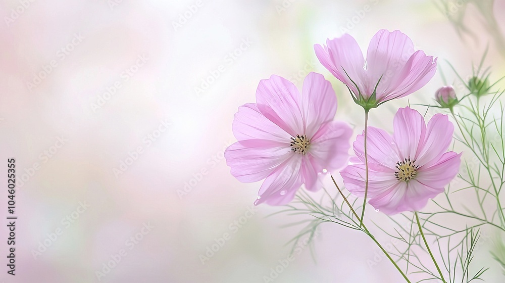 Obraz premium Pink flowers atop a green plant against a blurred pink-white backdrop