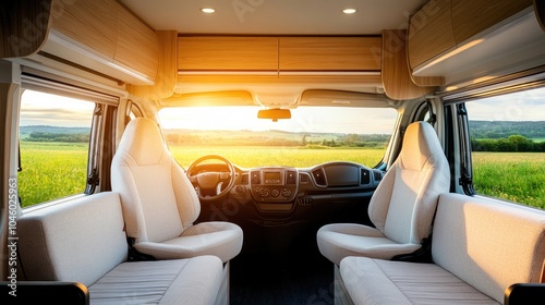 Relax in a light-filled motorhome with two comfortable beds and a view of a lush meadow through a window adorned with plants