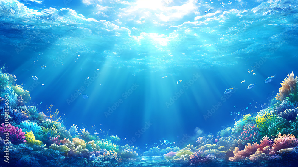 Fototapeta premium Beautiful blue ocean background with sunlight and undersea scene