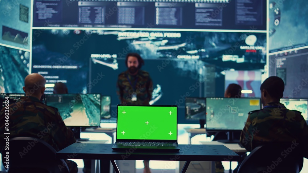 Laptop showing isolated mockup screen in army base of operations, military personnel working on gathering crucial information for a new mission. General headquarters with high tech. Camera B.
