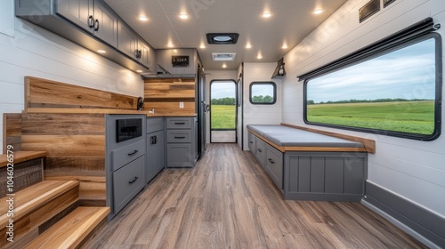 Relax in a light-filled motorhome with two comfortable beds and a view of a lush meadow through a window adorned with plants