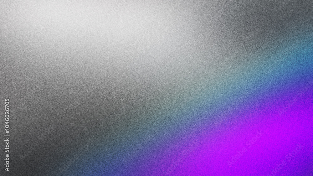 Fototapeta premium Abstract wavy patterns in purple and blue tones rest on a gradient grey background, from dark to light, accented by grainy textures and noise effects, making it suitable for web and poster designs.