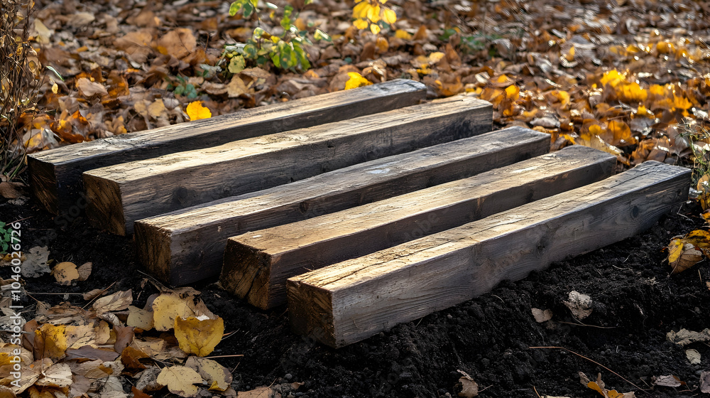 Neatly arranged wooden beams on soil, ready for outdoor construction or a garden Neatly arranged wooden beams on soil, ready for outdoor construction or a garden