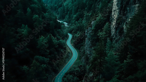 Aerial top view mountaint road in dark green forest photo