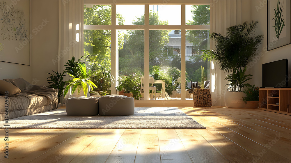 custom made wallpaper toronto digitalOpen, inviting living room with light wooden floors, potted plants, and large windows