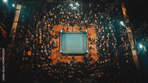 Overhead view of a bustling arena with a boxing ring at its center, capturing the