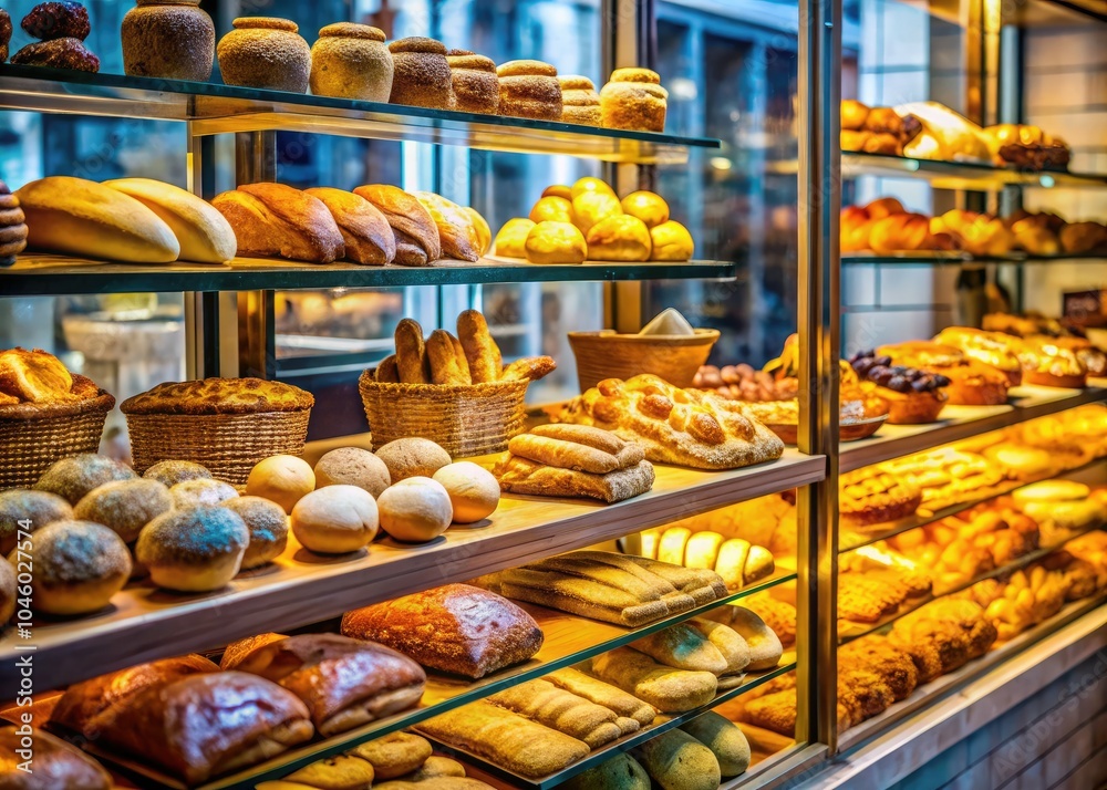Through a hazy storefront window, fresh breads and pastries shine in the bakery display case, enticing everyone with their delightful textures and irresistible aromas. Through a hazy storefront window, fresh breads and pastries shine in the bakery display case, enticing everyone with their delightful textures and irresistible aromas.