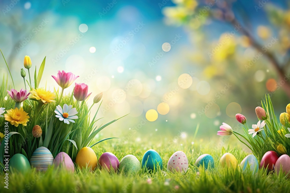 Spring and Easter themed background with flowers and Easter eggs Spring and Easter themed background with flowers and Easter eggs