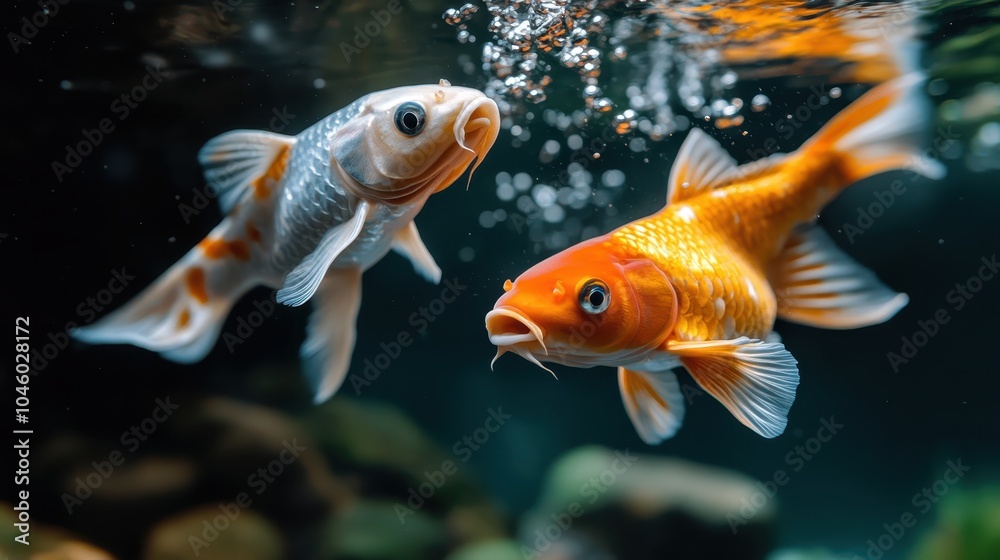 Fototapeta premium Two vibrant koi fish swim gracefully beneath the water's surface, surrounded by bubbles and creating a peaceful, serene underwater scene full of life and tranquility.