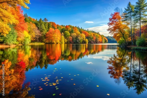 Tranquil autumn lake bordered by colorful foliage, mirroring the serene water beneath a bright blue sky, creates a peaceful landscape bursting with seasonal beauty.