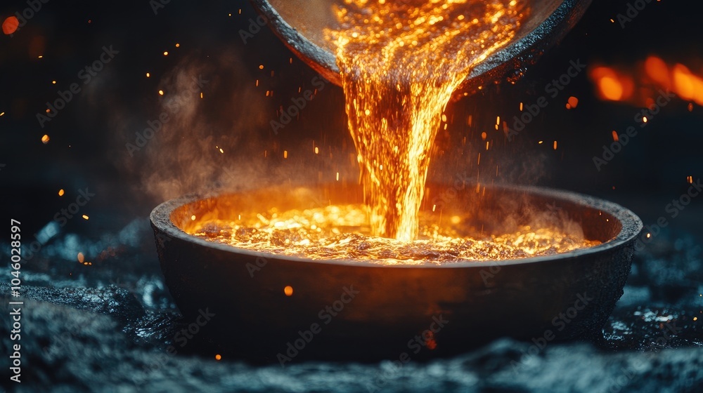 Molten metal pouring into a mold. This image is perfect for illustrating industrial processes, manufacturing, or the creation of metal objects. Molten metal pouring into a mold. This image is perfect for illustrating industrial processes, manufacturing, or the creation of metal objects.
