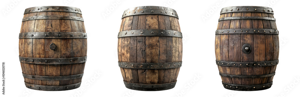 Fototapeta premium PNG Rustic Wooden Barrels Collection for Decoration Isolated on Transparent Background