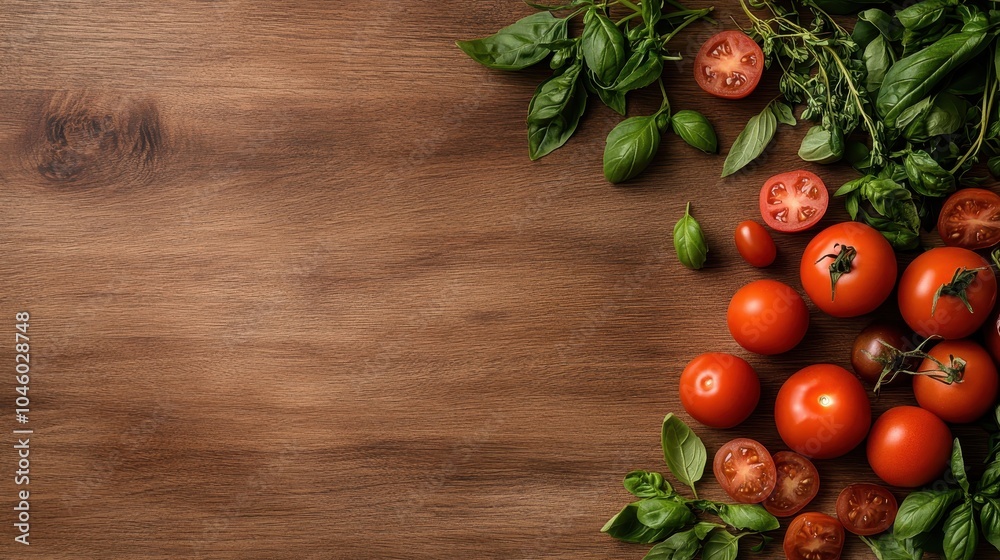 An elegant arrangement of vibrant red tomatoes and fresh green basil leaves spread across a rustic wooden kitchen surface, encapsulating the essence of fresh produce. An elegant arrangement of vibrant red tomatoes and fresh green basil leaves spread across a rustic wooden kitchen surface, encapsulating the essence of fresh produce.