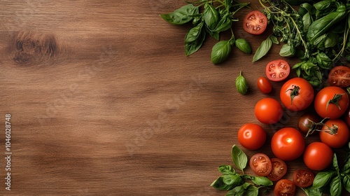 An elegant arrangement of vibrant red tomatoes and fresh green basil leaves spread across a rustic wooden kitchen surface, encapsulating the essence of fresh produce.