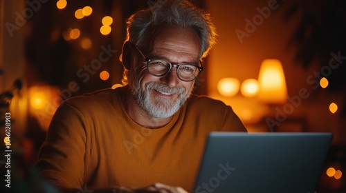 An elderly man with glasses smiles warmly as he uses his laptop in a cozy, warmly lit room during the night, reflecting a feeling of contentment.