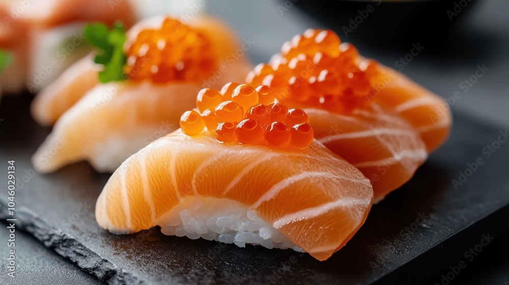 A beautiful arrangement of salmon nigiri sushi adorned with shiny fish roe, meticulously placed on a dark gray slate, showcasing a visual feast for the eyes. A beautiful arrangement of salmon nigiri sushi adorned with shiny fish roe, meticulously placed on a dark gray slate, showcasing a visual feast for the eyes.