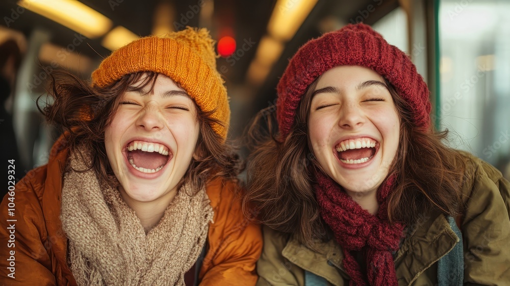 Two young women, wrapped in winter attire, share an infectious and hearty laugh while journeying on a brightly lit subway, exuding camaraderie and warmth. Two young women, wrapped in winter attire, share an infectious and hearty laugh while journeying on a brightly lit subway, exuding camaraderie and warmth.