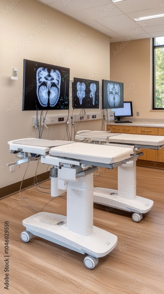 The operating room features advanced medical equipment and monitors showing radiographic images, designed for precision in patient care