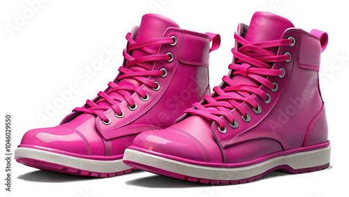 Trendy pink footwear including sneakers and boots, available in