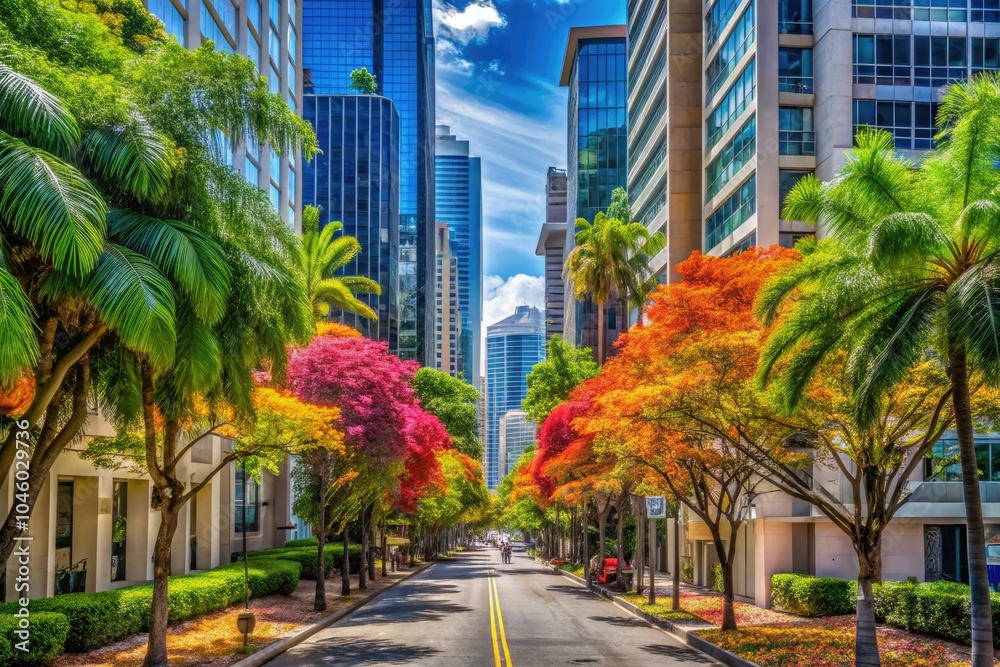 Fototapeta premium Tropical trees flourish along urban streets, juxtaposed with contemporary buildings, cultivating a vibrant atmosphere that enlivens the city and nurtures a sense of community.