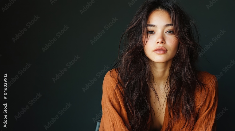 A woman, with long, flowing hair and gentle expression, portrayed gracefully against a dark background, exuding serenity and elegant composure with ambient lighting.