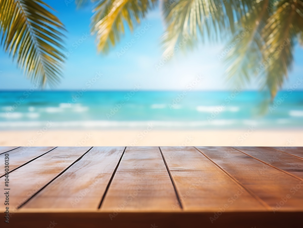 Wooden Tabletop Beach Scene with Palm Leaves and Lights Wooden Tabletop Beach Scene with Palm Leaves and Lights