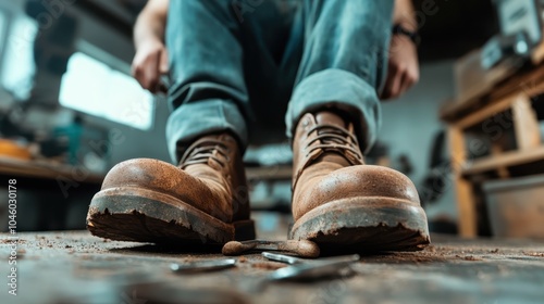 A pair of heavily used work boots rest on the floor of a carpentry workshop, suggesting hard work, craftsmanship, and dedication in a rustic setting.