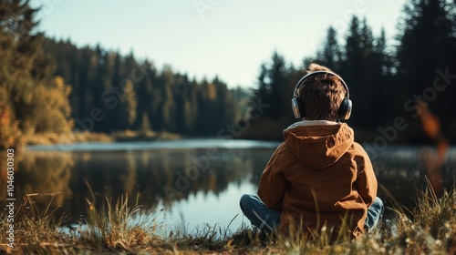 A boy is seated lakeside amid peaceful nature in meditation with headphones, surrounded by tall, serene forests, reflecting a harmonious blend of sound and nature. photo