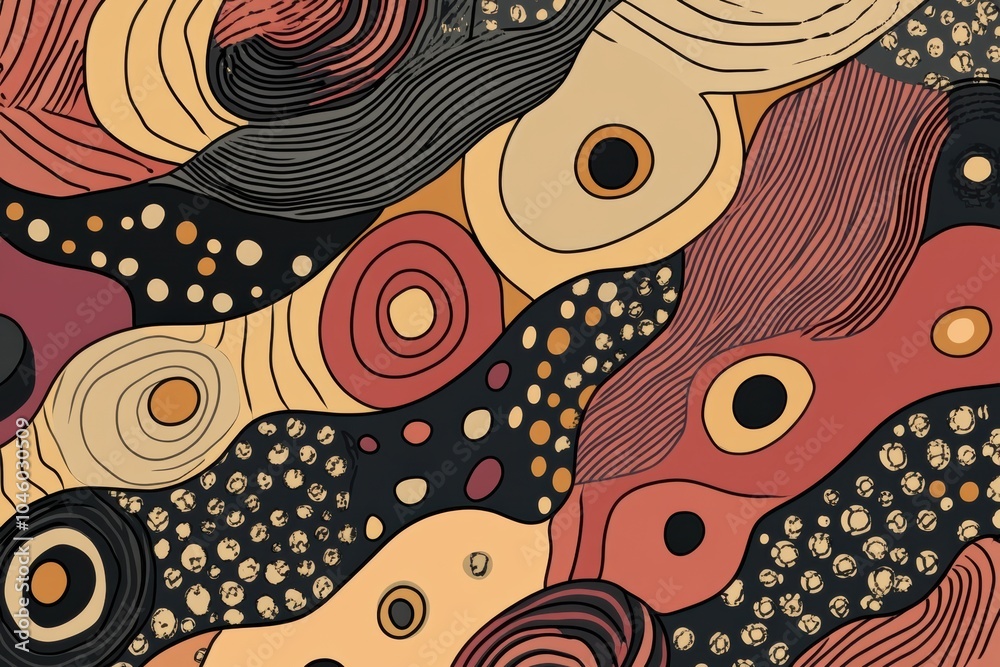 Naklejka premium A vibrant doodle design features warm tones and retro patterns, showcasing swirling shapes inspired by the 70s and 80s. Generative AI