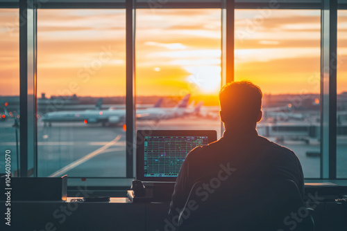 Air traffic controller working during sunset at airport control tower