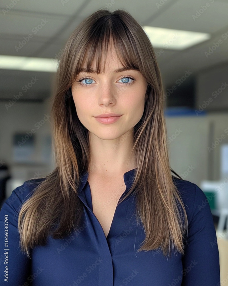 A photo of an average-looking woman with straight brown hair, bangs, and blue eyes in an office setting, taking a selfie. She is wearing a navy blue blouse, and her face appears calm A photo of an average-looking woman with straight brown hair, bangs, and blue eyes in an office setting, taking a selfie. She is wearing a navy blue blouse, and her face appears calm